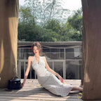 2024 Korean Style Open-back Halter Neck Dress Women's Summer Elegant Long Dress Waist-fitted A- line Skirt Sleeveless