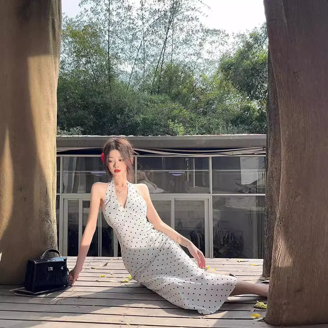 2024 Korean Style Open-back Halter Neck Dress Women's Summer Elegant Long Dress Waist-fitted A- line Skirt Sleeveless