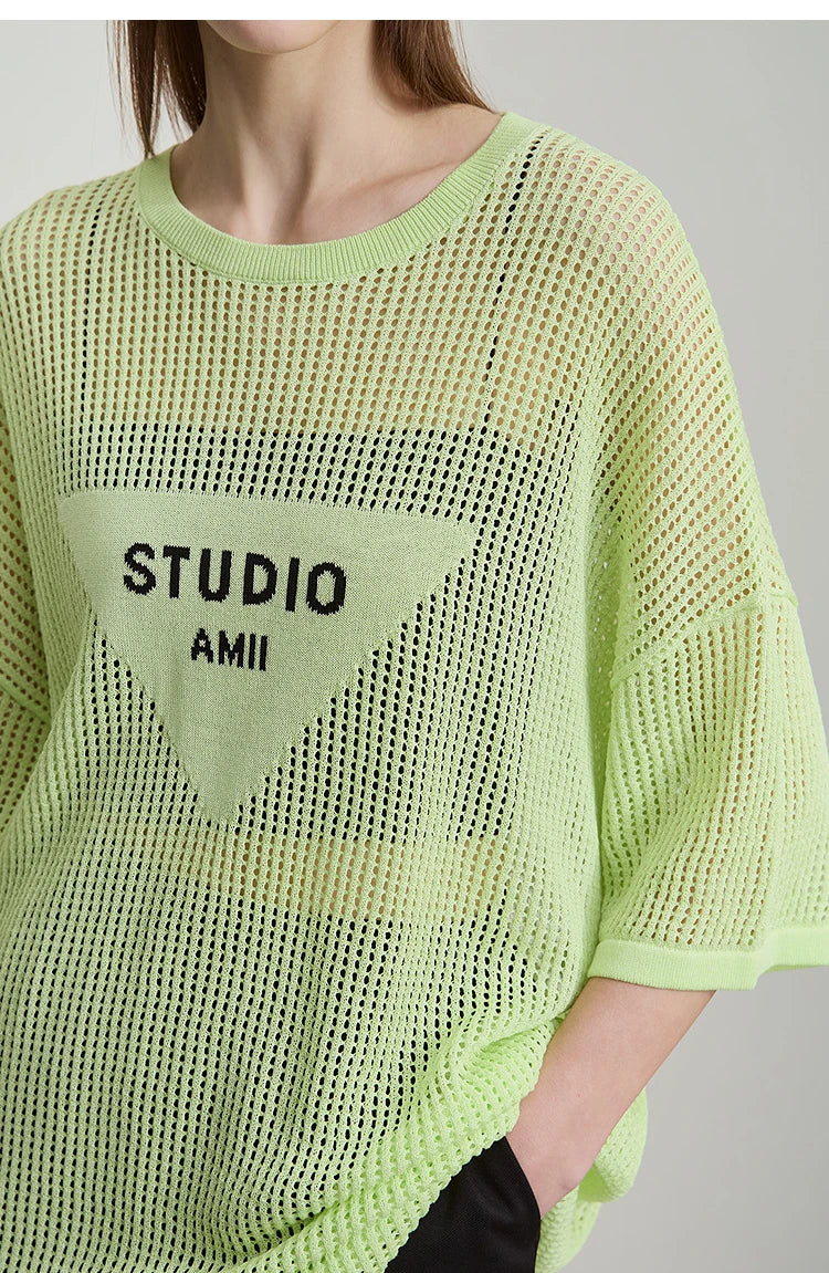 Amii Minimalist Women's Knitted Pullovers 2025 Summer Crew Neck Short-sleeved Casual Mid Long Loose Letter Jacquard Top 12542048