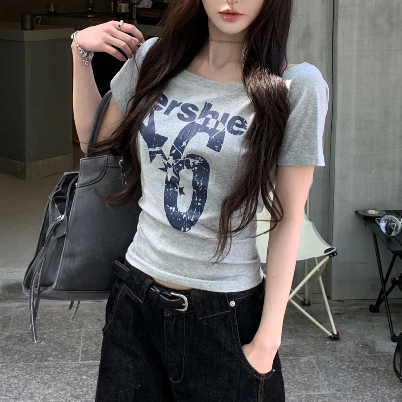 Y2k Women Vintage Streetwear Sport Short Sleeve Acubi Letter Print T-shirts Grunge Off Shoulder Spicy Tshirt Top Tee Alt Clothes
