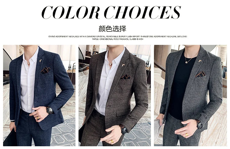 Men Luxury Slim Fit Check Suits Men Boutique Business Casual Formal Suits Sets Blazers+Pants Wedding Social Tuxedo Dress Homme