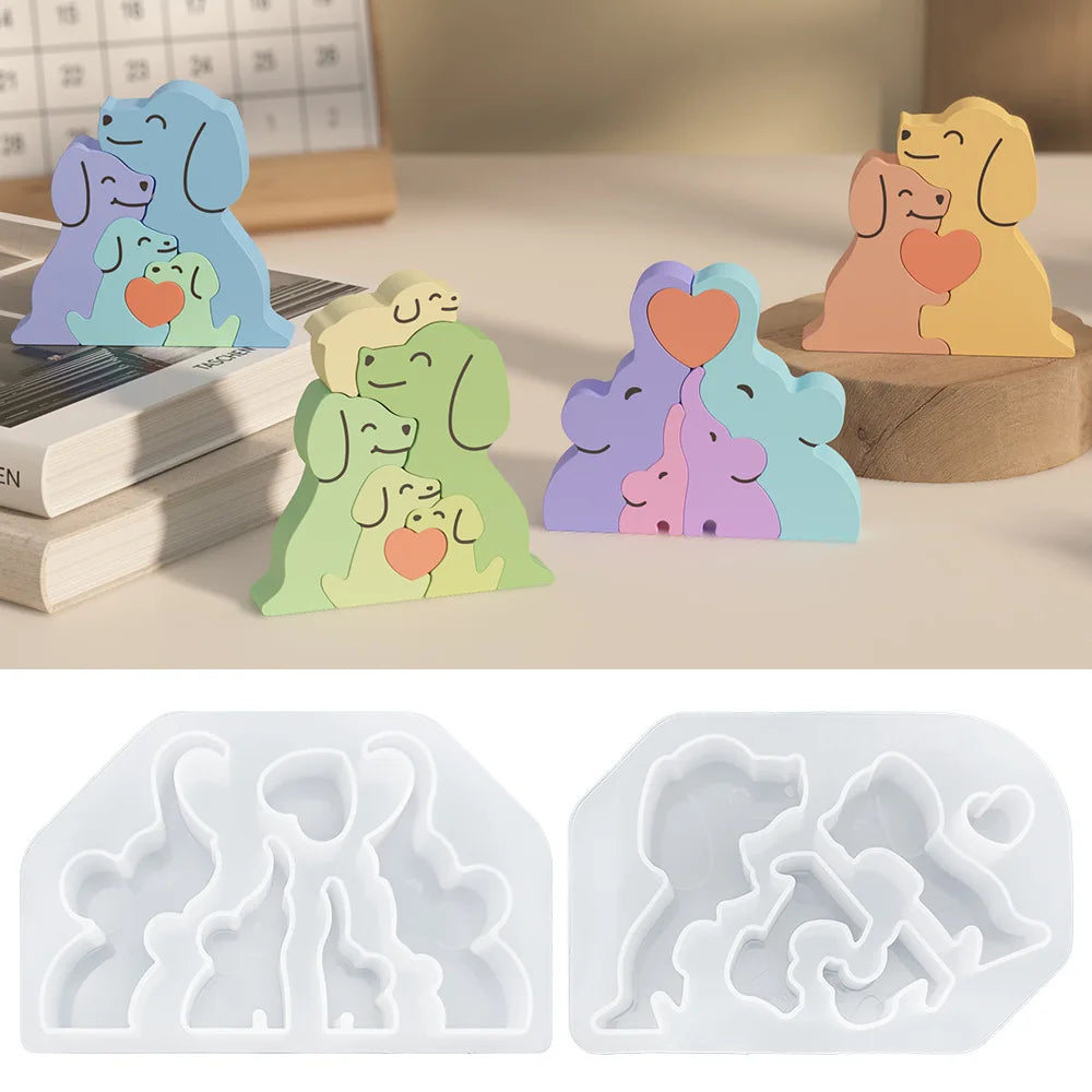Dogs Family Puzzles Clay Silicone Mold Cat Bear Elephant Gypsum Plaster Mould Animal Craft Ornament Cement Concrete Resin Mold