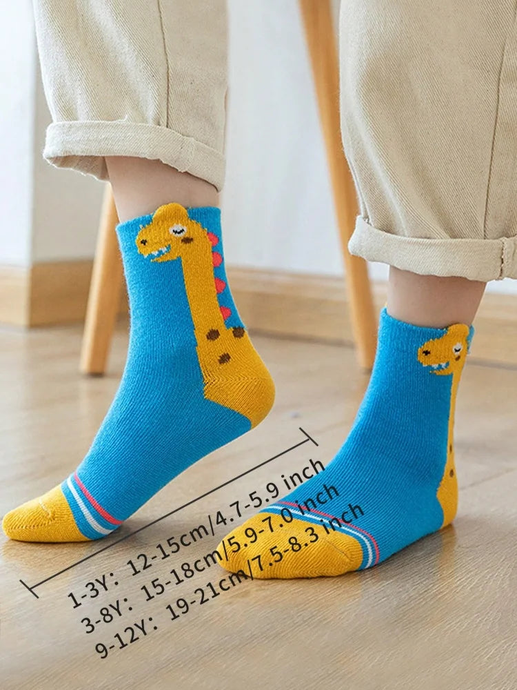 5 Pairs of Four-season Kidsren's Socks for Spring & Fall Seasons Cartoon Neck Dragon Dinosaur Boys and Girls Mid-calf Socks Baby Socks
