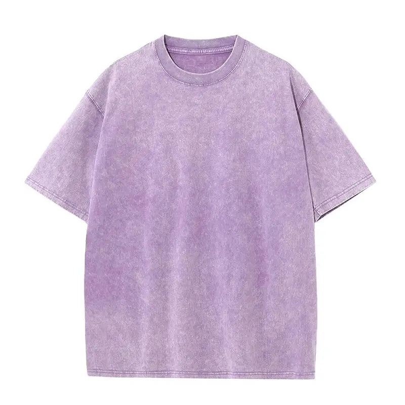 2025 summer European code wash heavy short sleeve T-shirt for young men pure cotton solid color loose retro round neck half slee