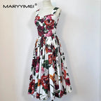 MARYYIMEI Fashion Design Summer Women's Dress Spaghetti Strap Backless Square-Neck Casual Holiday Cotton Dresses
