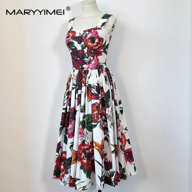 MARYYIMEI Fashion Design Summer Women's Dress Spaghetti Strap Backless Square-Neck Casual Holiday Cotton Dresses