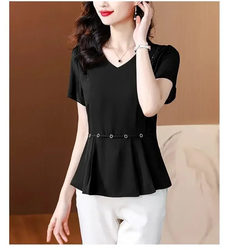 New Summer Solid Color Short-sleeved T-shirt Women with Large Size Fat Mm Slim V-neck Top Fashionable Temperament Small Shirt