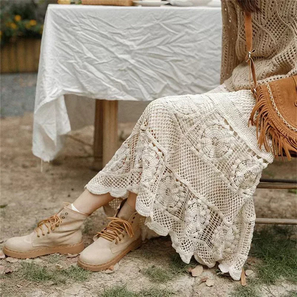 Mid Long Skirt Vintage Women Knitted Skirt 2025 Spring Summer High Waist Holllow Out Crocret Floral Pleated Skirts Lace Elegant