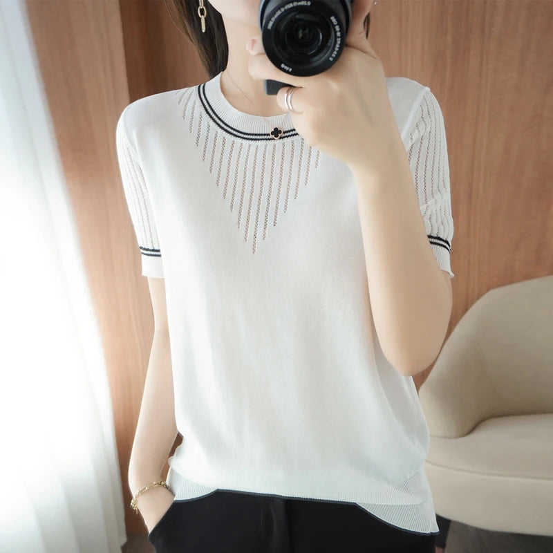 Women New Summer Short-sleeved Tees O-Neck Slim 100% Cotton Linen Hollow Pullover T-shirt Knitted Base Casual Sweater