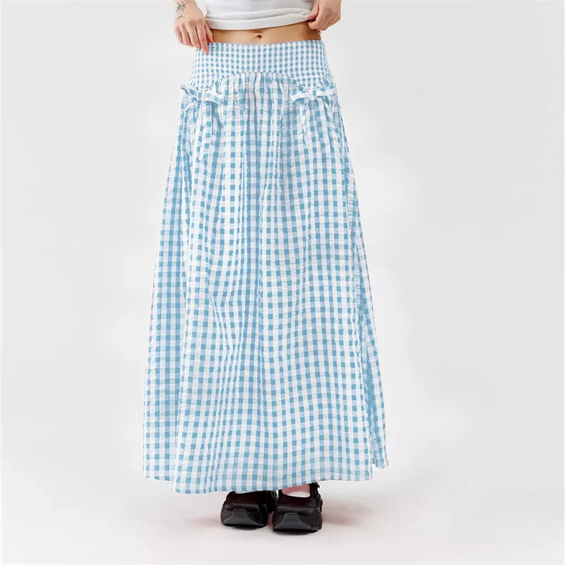 Women Y2K Bow Plaid Maxi Skirt High Waist Gingham Tiered Long Skirt Vintage A-Line Ruffle Flowy Midi Skirt Party Clubwear