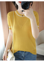 Women New Summer Short-sleeved Tees O-Neck Slim 100% Cotton Linen Hollow Pullover T-shirt Knitted Base Casual Sweater