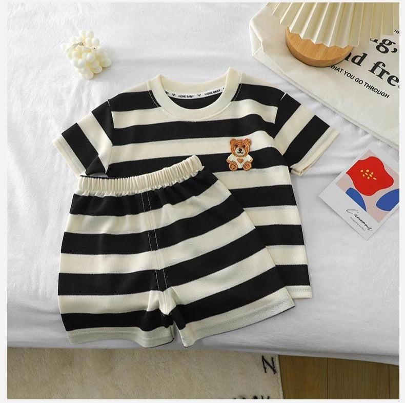 Kids Clothes Children's Short-sleeved Suit Striped Top+shorts 2-piece T-shirt Summer Baby Clothes Children Clothing Boys Girls