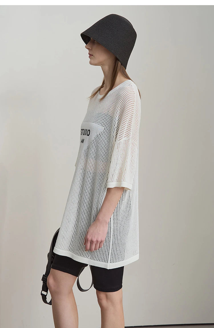 Amii Minimalist Women's Knitted Pullovers 2025 Summer Crew Neck Short-sleeved Casual Mid Long Loose Letter Jacquard Top 12542048