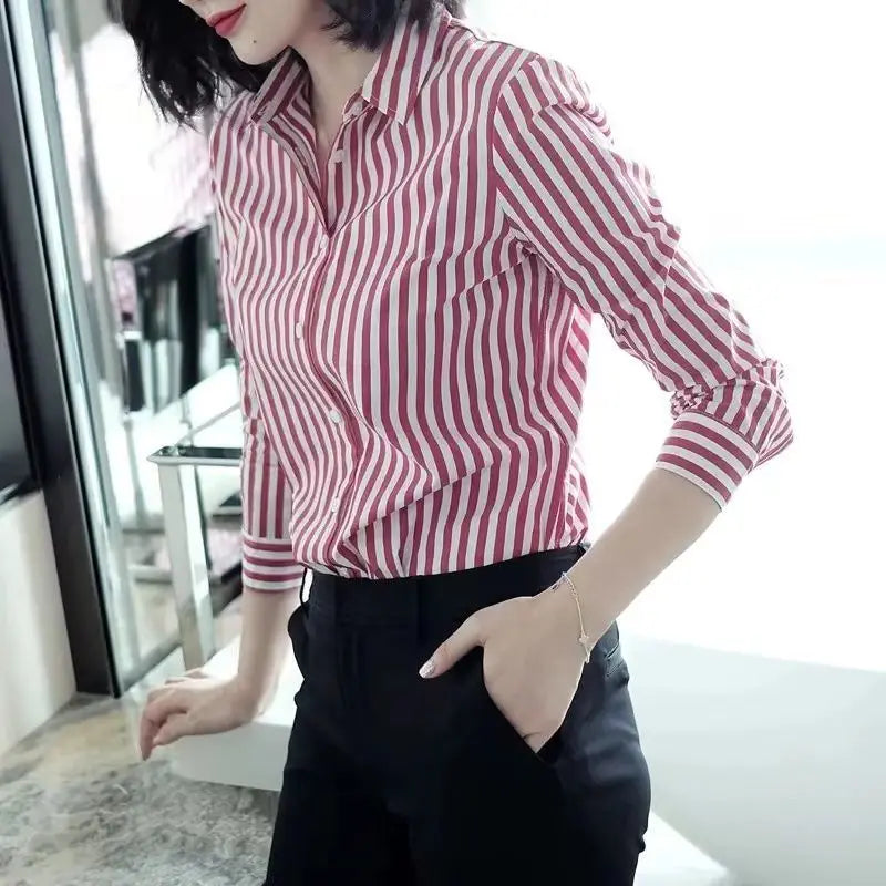 Women's Clothing Commute Striped Shirt 2025 New Spring Autumn Long Sleeve Fashion Single-breasted Casual Turn-down Collar Blouse