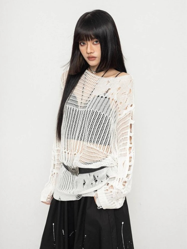 Y2K Hollow Out Knitted Pullovers Women Korean Harajuku Oversized Sweater Summer Sexy Slash Collar Long Sleeve Sunscreen Jumper