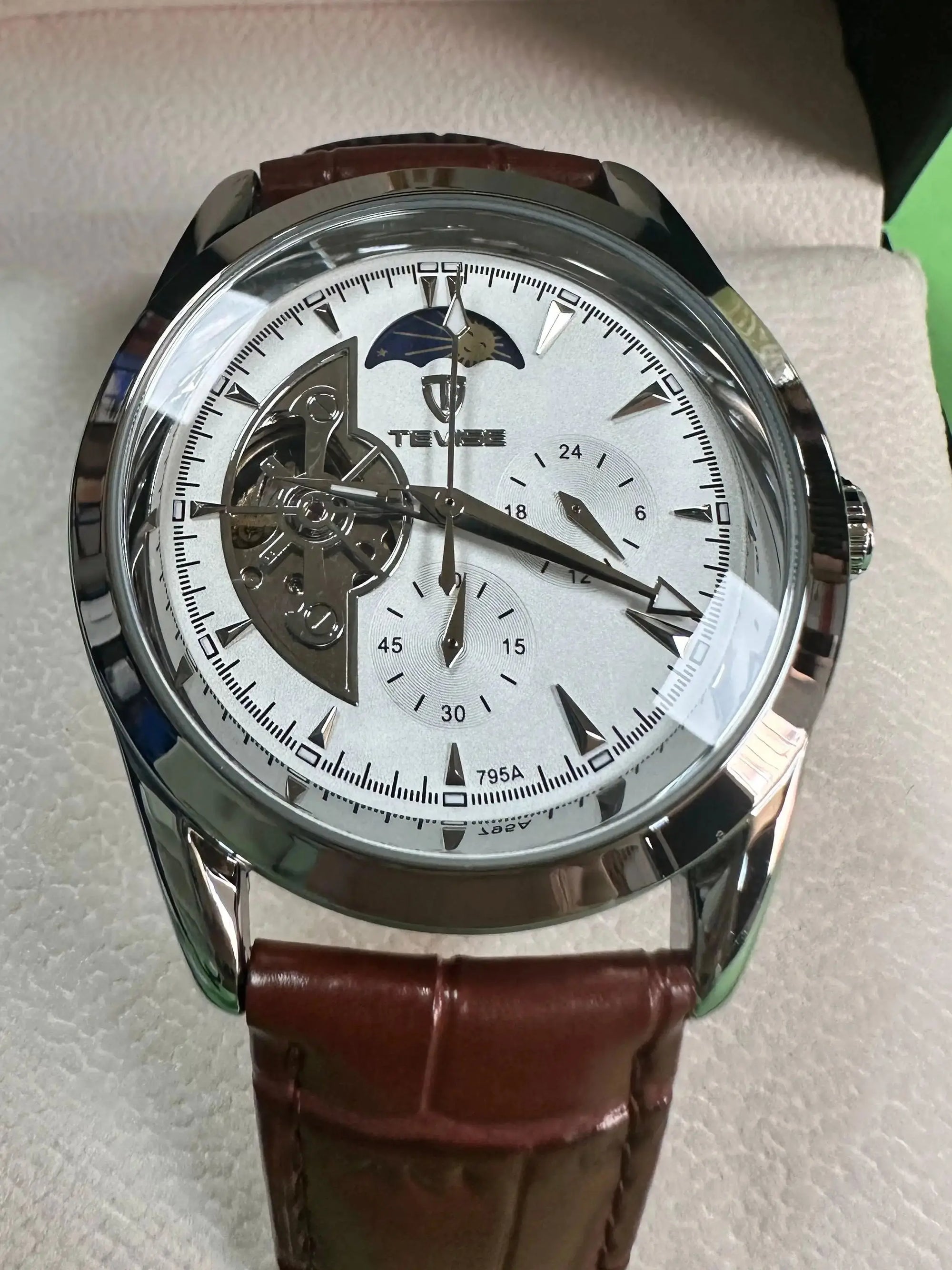 TEVISE Fashion Automatic Mechanical Watch for Men Leather Strap Skeleton Watch Luminous Casual Business Watch Gift
