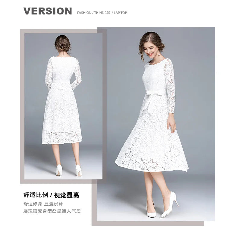 Lace White Prom Dress Women 2023 Summer Autumn Long Sleeve Sexy Slash Neck A Line Midi Party Vestidos Flower Embroidery
