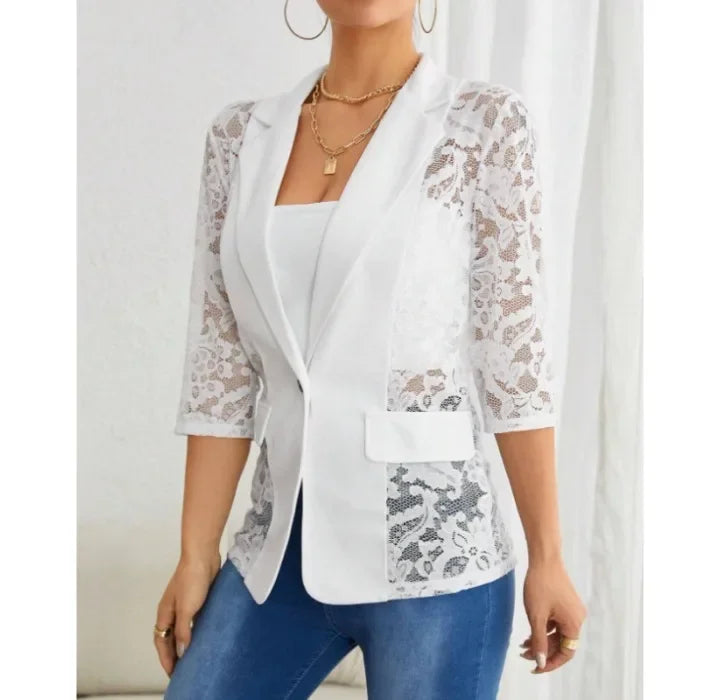 Women's Blazer Autumn 2024 New Lace Patch Single Breasted Flap Detail Y2k Coat Work Office Female Fashion Elegant Daily Jacket