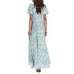 Women V-neck Ruffle Short Sleeve Maxi Dress Waist Tight High-waist Hem Sweet Floral Print Elegant Dress Female Clothing Vestidos