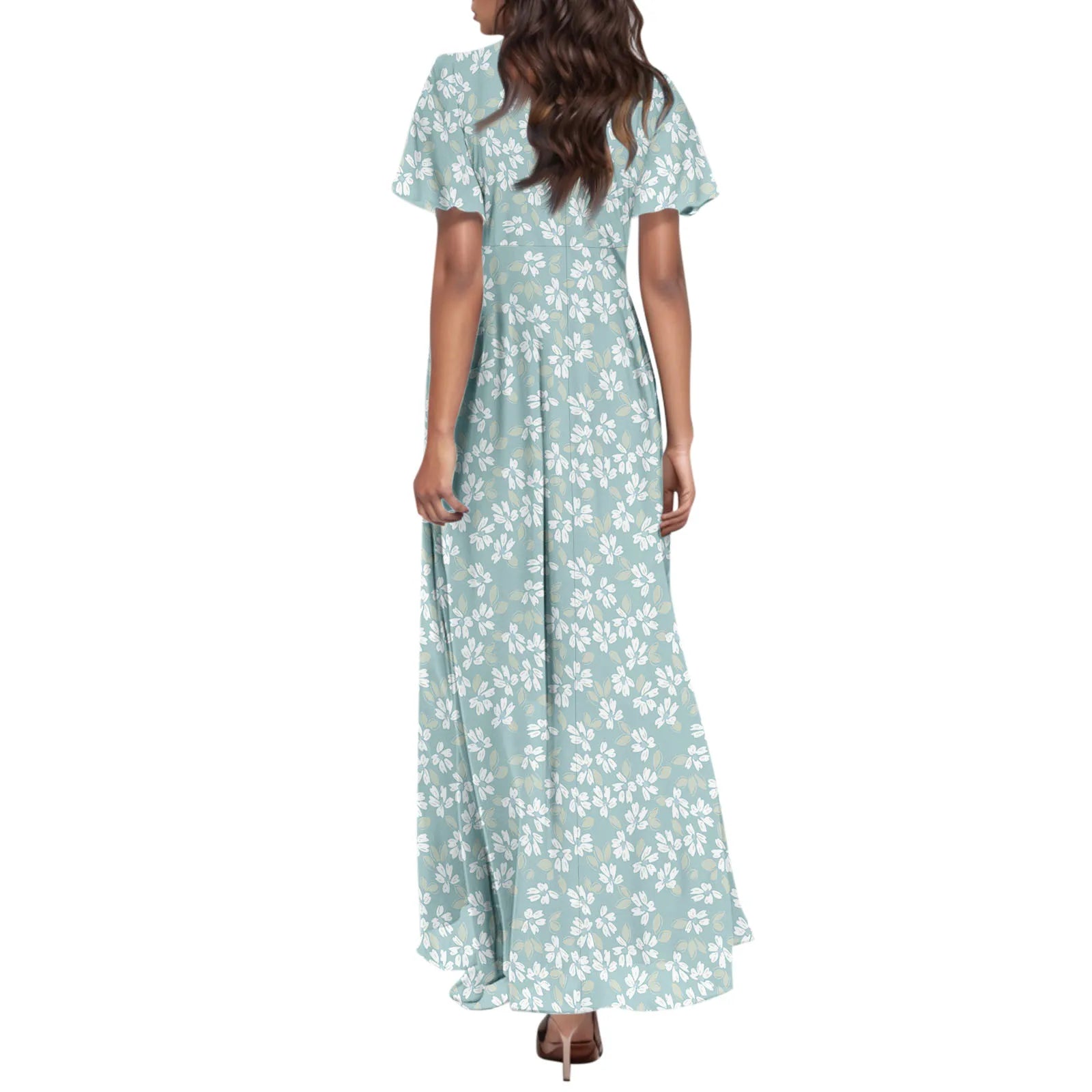 Women V-neck Ruffle Short Sleeve Maxi Dress Waist Tight High-waist Hem Sweet Floral Print Elegant Dress Female Clothing Vestidos