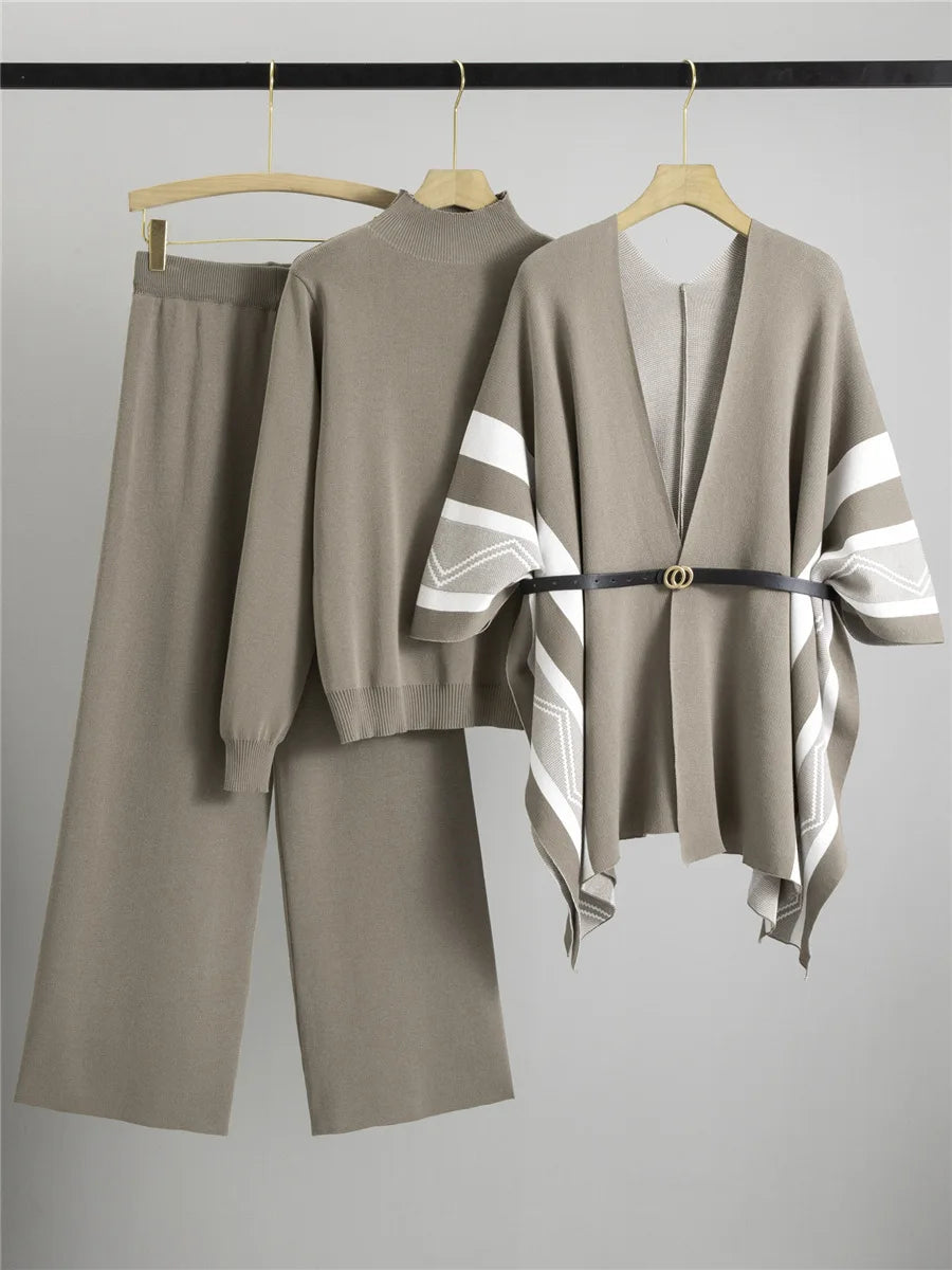 Korean Elegant Knitted 3 Piece Sets Women Sweater Pullover+chic Design Shawl Tops Conjuntos High Waist Wide Leg Pants Outfit New