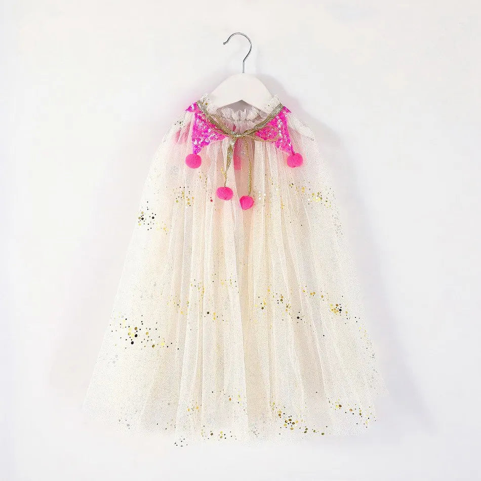 Summer Girl Princess Party Accessories Cloak Snow Queen Elsa Anna Costume Cape Rapunzel Aurora Sequins Tulle Halloween Mantle