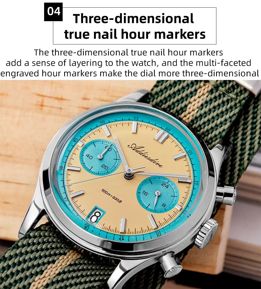 ADDIESDIVE AD2095 Watch of Men 60min Chronograph Quartz Wristwatch Bubble Mirror Glass Luminous Waterproof Men's Watches 38mm