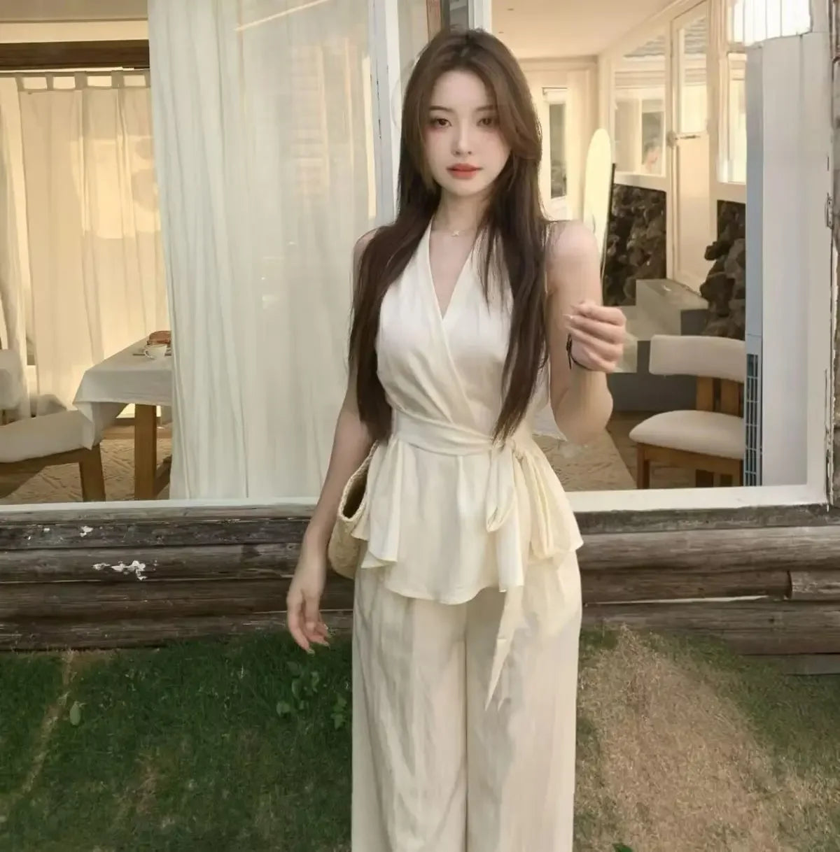 Irregular V-neck Cross Halter Vest Wide-leg Trousers for Women Summer New Suit