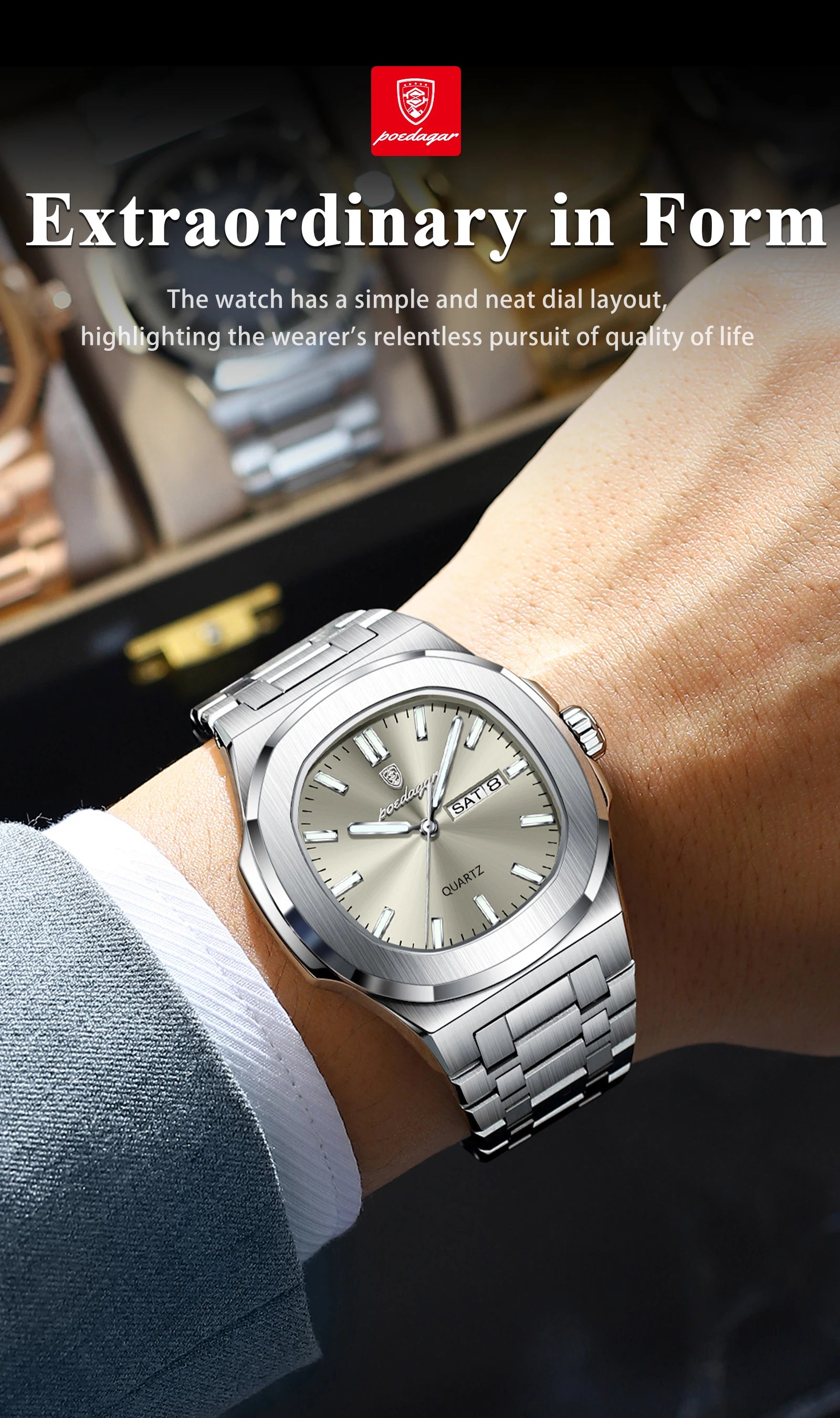 POEDAGAR Trendy Casual Wristwatch For Men Week Date Stainless Steel Man Watch Luminous Waterproof Luxury Quartz Men Watches+Box