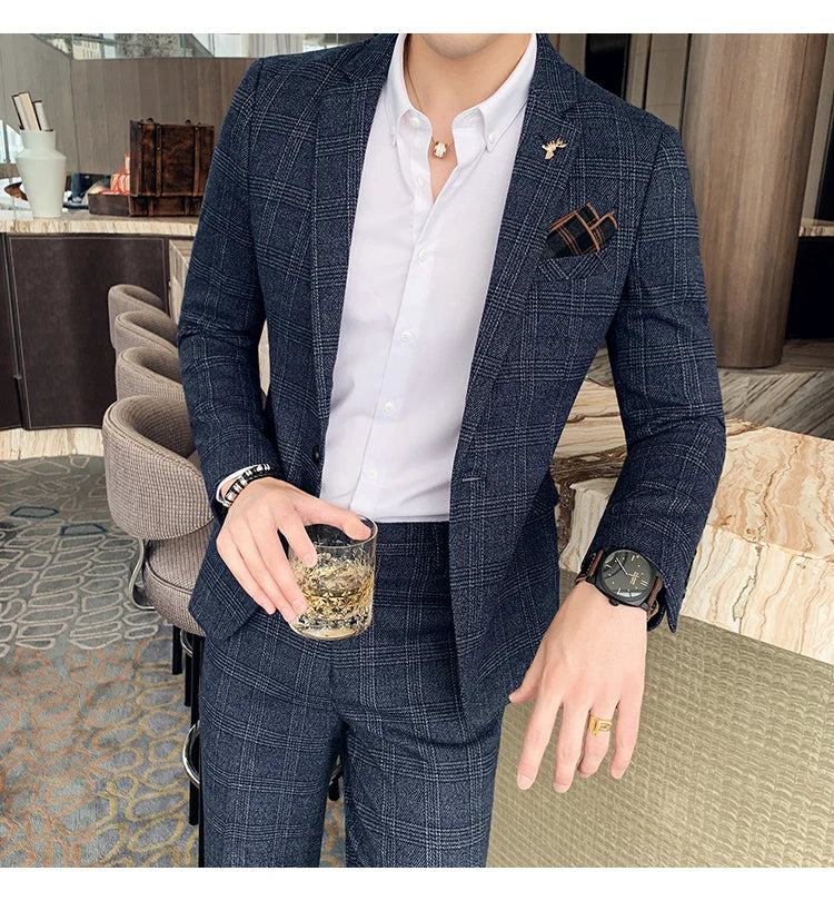 Men Luxury Slim Fit Check Suits Men Boutique Business Casual Formal Suits Sets Blazers+Pants Wedding Social Tuxedo Dress Homme