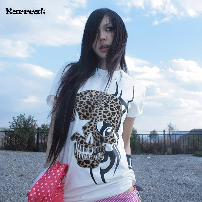 Karrcat Trashy Y2k Skull Print T-shirt Grunge Aesthetics Short Sleeve Tee Shirt Vintage 2000s Style Streetwear Gothic Punk 90s