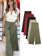 TFMLN New Women's High Waist Wide Leg Pants Fashion Elastic Waist Long Straight Trousers Lady Casual Solid Pocket Pants Summer