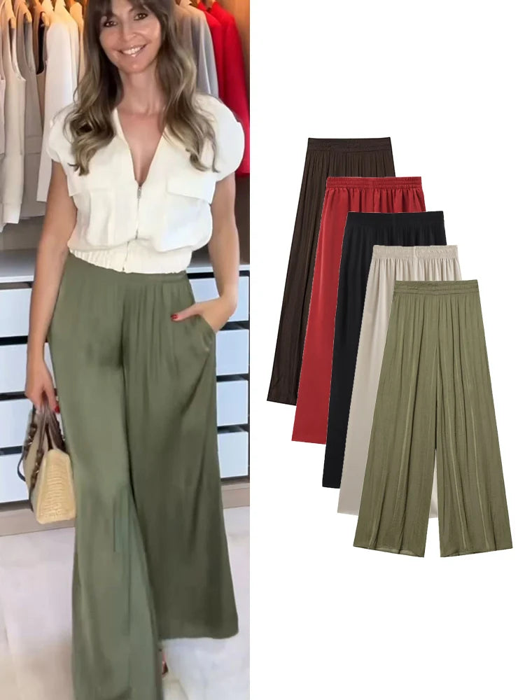 TFMLN New Women's High Waist Wide Leg Pants Fashion Elastic Waist Long Straight Trousers Lady Casual Solid Pocket Pants Summer