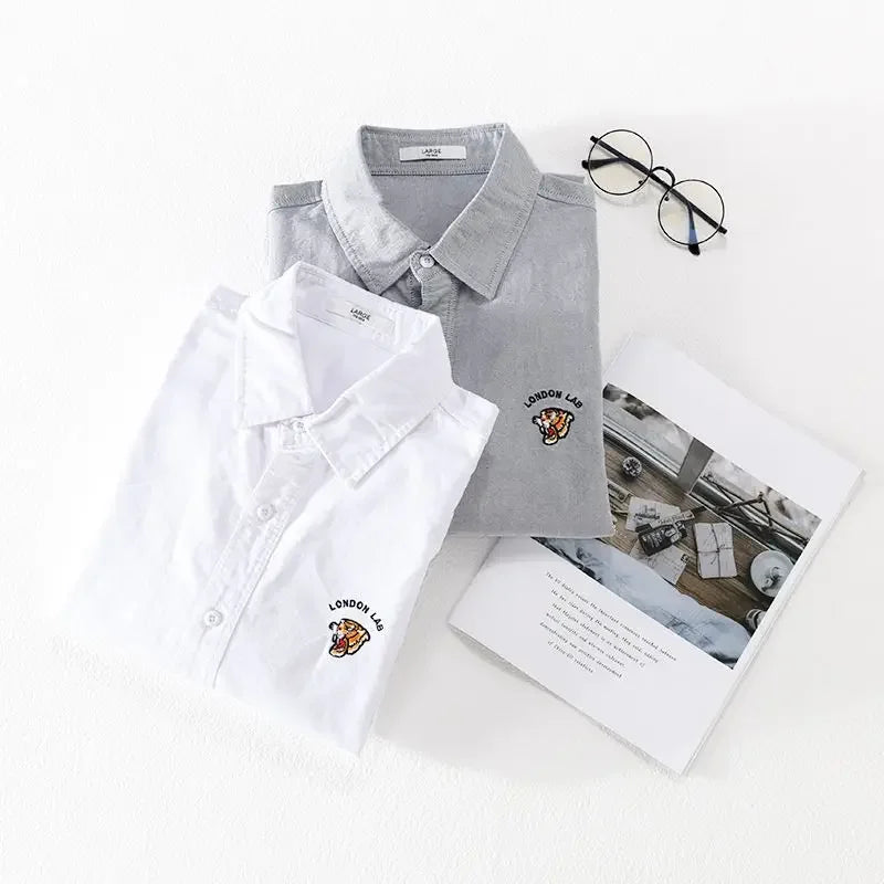 High-end Shirt Men's Autumn Casual Top Little Tiger Embroidery White Inch Shirt Versatile Simple Shirt Trend
