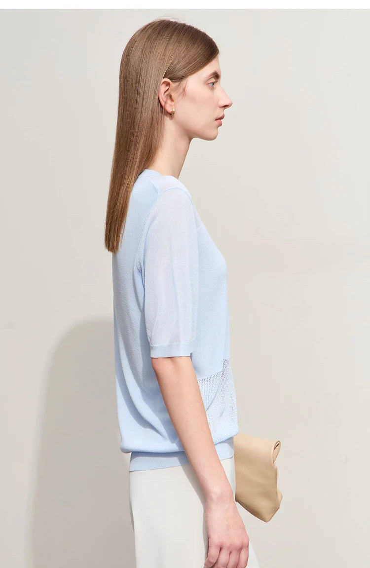 Amii Minimalism 2024 Knit Sweater Women Summer New Solid O-Neck Loose Short-sleeved Wool Casual Patchwork Chic Tops 12422028