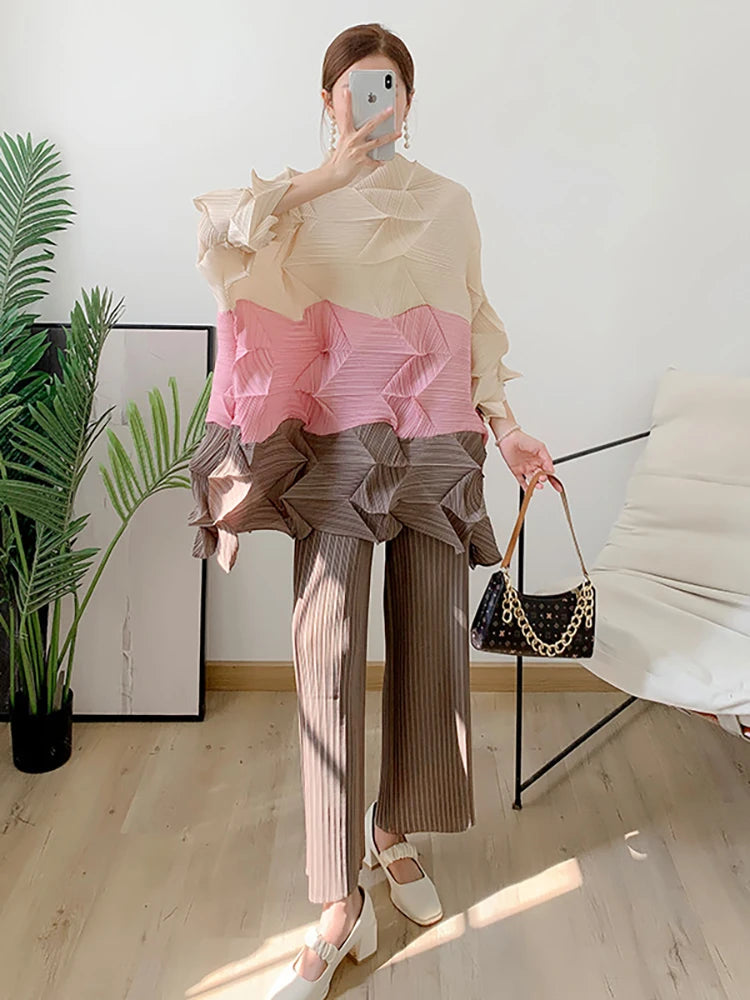 Miyake Diamond Pleated Two Piece Set Women Winter Outfits Elegant Causal Batwing Long Sleeve Three Colour Tos Straight Pants