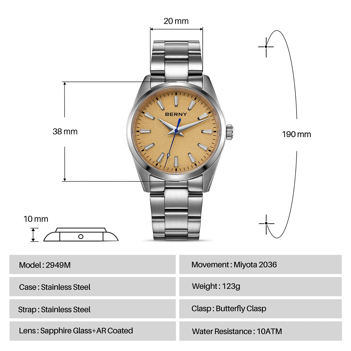 BERNY Watches for Men Luminous AR Sapphire Classic Dress Business Quartz Men's Watch 10ATM Elegant Fashion Casual Wristwatch