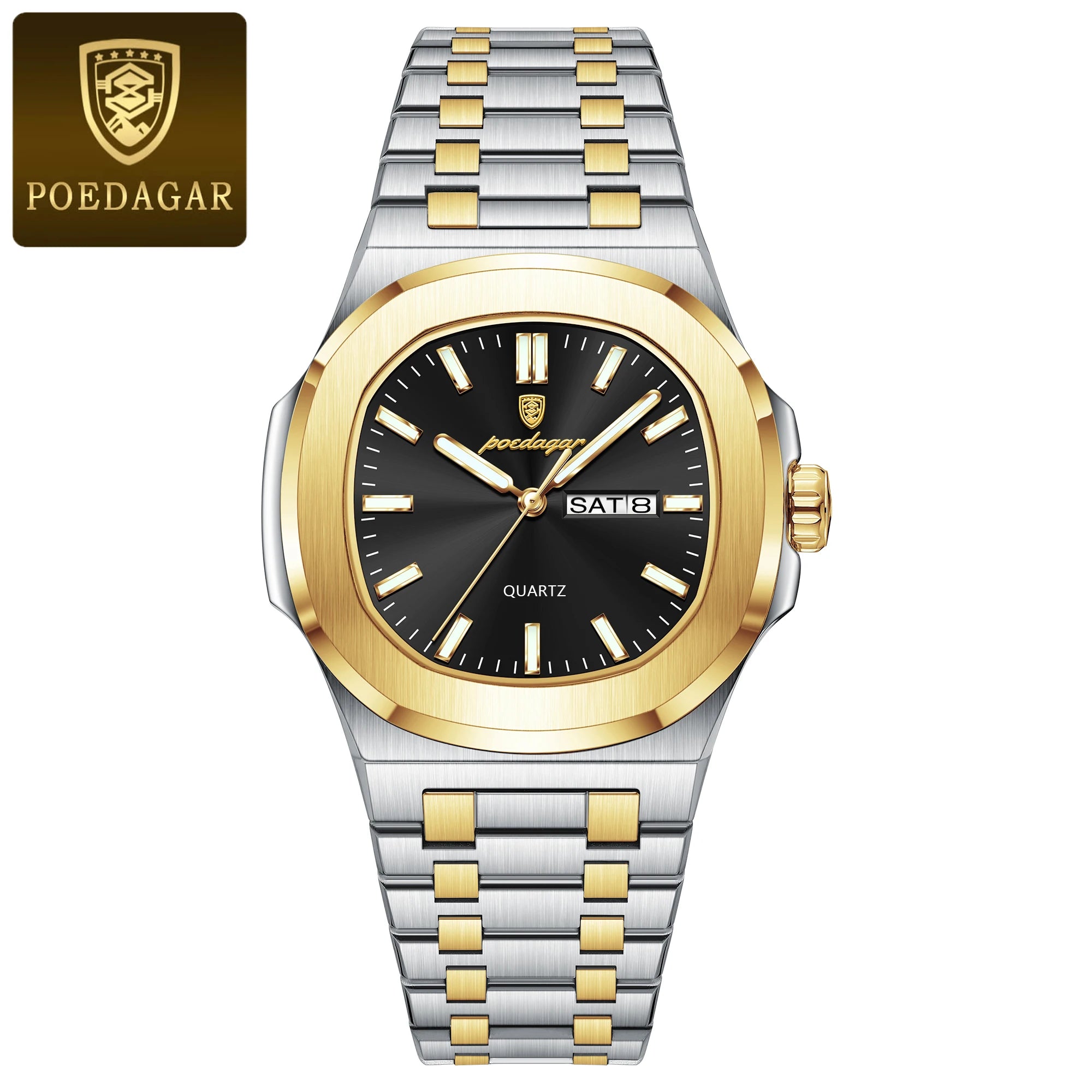 POEDAGAR Trendy Casual Wristwatch For Men Week Date Stainless Steel Man Watch Luminous Waterproof Luxury Quartz Men Watches+Box