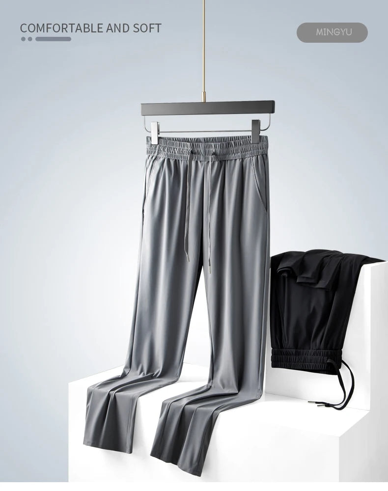 Summer High Stretch Smooth Ice Silk Casual Pants Man Thin Soft Elastic Waist Korean Grey Sweatpants Sports Jogging Trousers Male