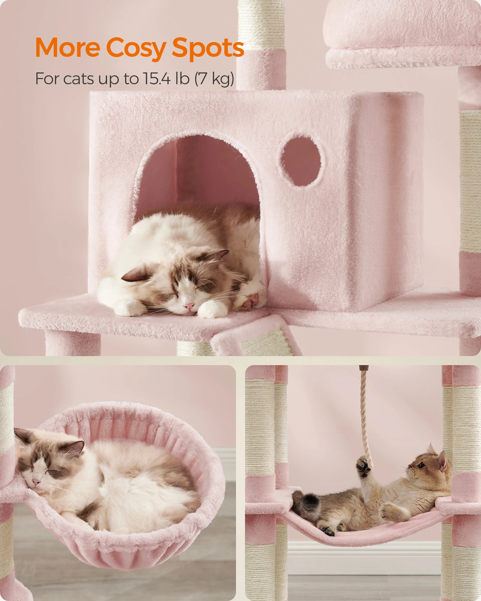Feandrea Cat Tree, Height 206 cm, with 13 Scratching Posts, 2 Platform, 2 Kennels, Basket, Hammock, Pompom