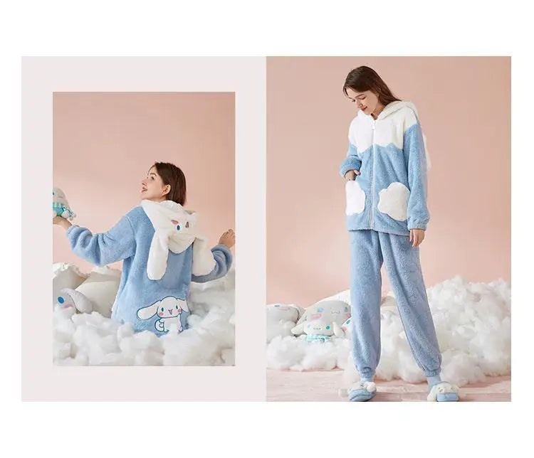 Cinnamoroll Women's Plush Pajamas Suit Sanrioed Kawaii Autumn Winter Hooded Home Clothes Cute Girl Thickened Cute Cartoon Sweet