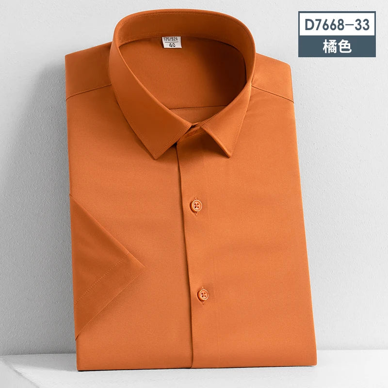 2023 Summer Short Sleeve High Density Silky Material Solid  Elastic Business Men Dress Shirts No Pocket Stretch Clothes