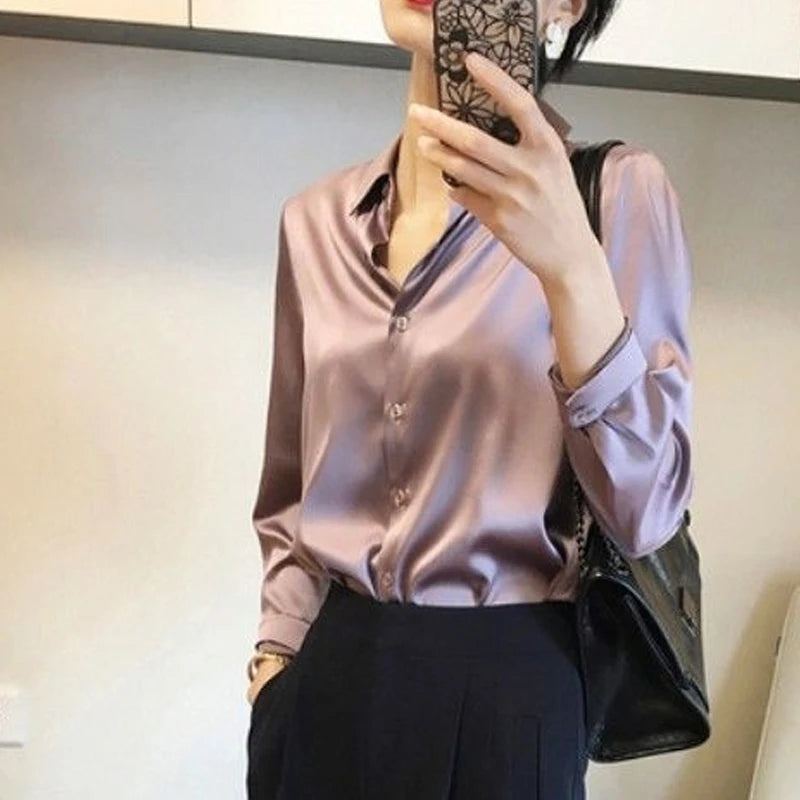 Comfortable Turn-down Collar All Seasons Women's Clothing 2023 Chiffon Trend All-match Korean Solid Color Long Sleeved Blouses
