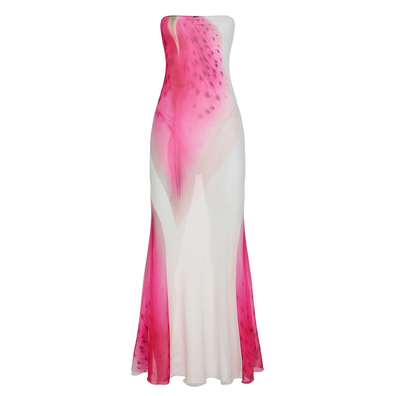 BIIKPIIK Vacation Mesh Semi-perspective Long Dress Sexy Floral Printed Strapless Party Dress Elegant Women Slim Fit Maxi Dresses
