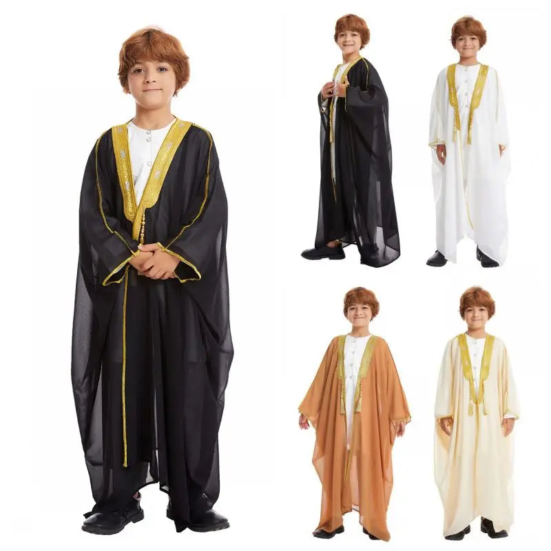 Middle Eastern Teenage Boys' Long Robe Chiffon Cardigan Sweater Boys' Long Robe Jubba Thobe Children's Kaftan Dress