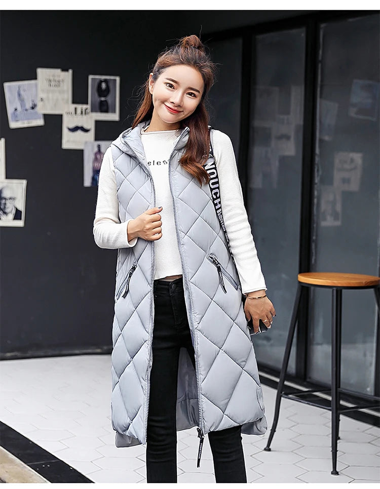 Women's Sleeveless Vest Long Down Padded Jacket Solid Color Hooded Loose Ladies Fashion Casual Warm Winter Jacket Vest Women