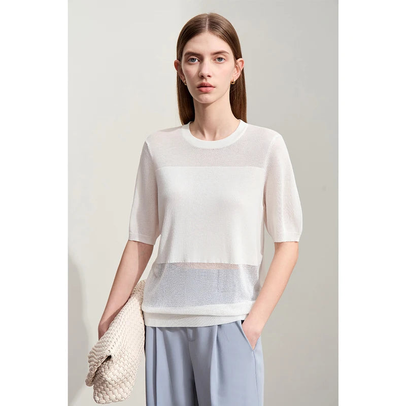Amii Minimalism 2024 Knit Sweater Women Summer New Solid O-Neck Loose Short-sleeved Wool Casual Patchwork Chic Tops 12422028