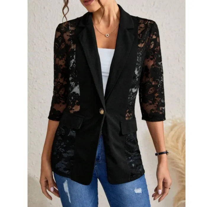 Women's Blazer Autumn 2024 New Lace Patch Single Breasted Flap Detail Y2k Coat Work Office Female Fashion Elegant Daily Jacket