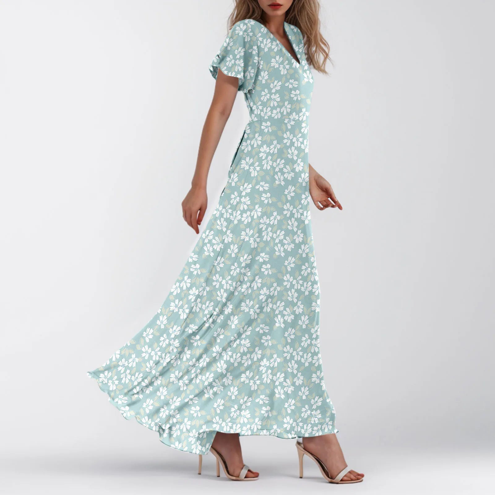Women V-neck Ruffle Short Sleeve Maxi Dress Waist Tight High-waist Hem Sweet Floral Print Elegant Dress Female Clothing Vestidos