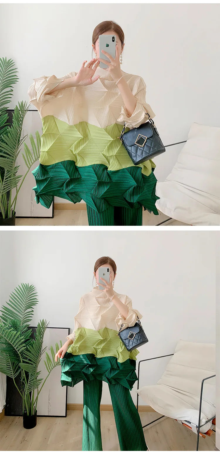 Miyake Diamond Pleated Two Piece Set Women Winter Outfits Elegant Causal Batwing Long Sleeve Three Colour Tos Straight Pants